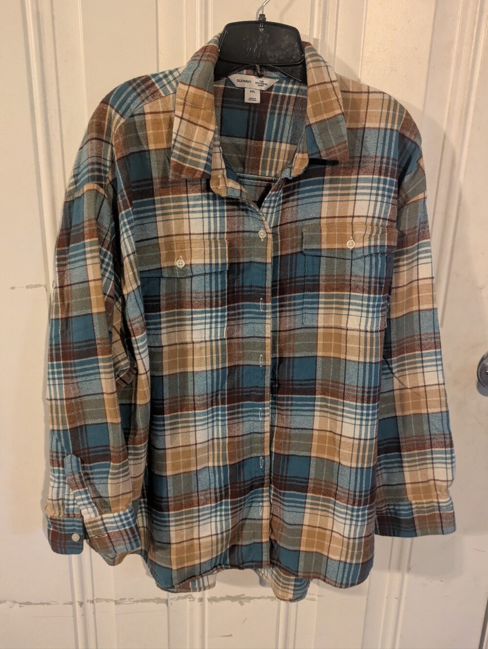 Old Navy Boyfriend Plaid Flannel Shirt XXL Blue Tan Oversized